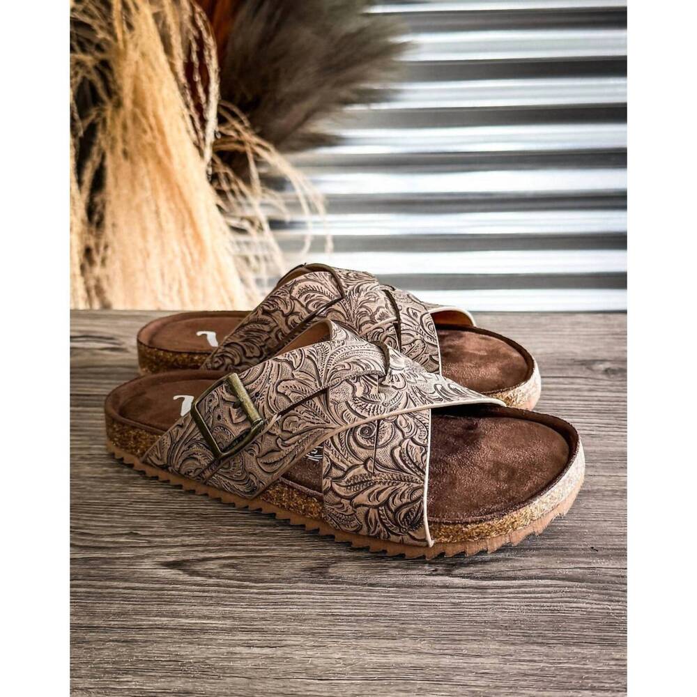Women’s Taupe Floral-Embossed Cork Slide Sandals